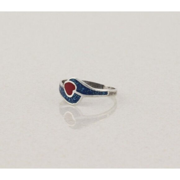 Sterling Silver Turquoise and Coral Heart Ring Size 7 1/2 - Picture 5 of 7